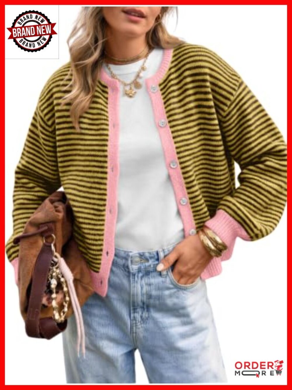 Striped Knit Button Down Cardigan Crew Neck Long Sleeve Fall Layering